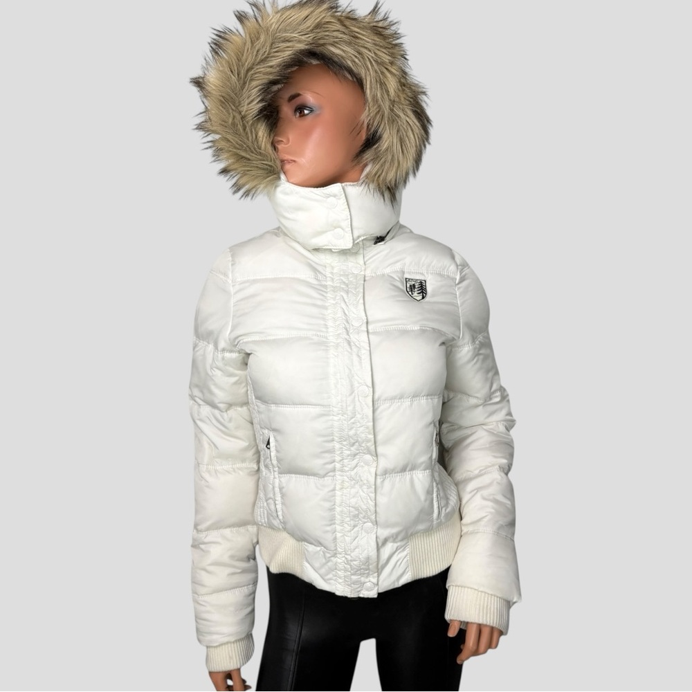 American Eagle Down Feather Puffer Jacket M White Faux Fur Hood Y2K Snow Bunny - Picture 2 of 15